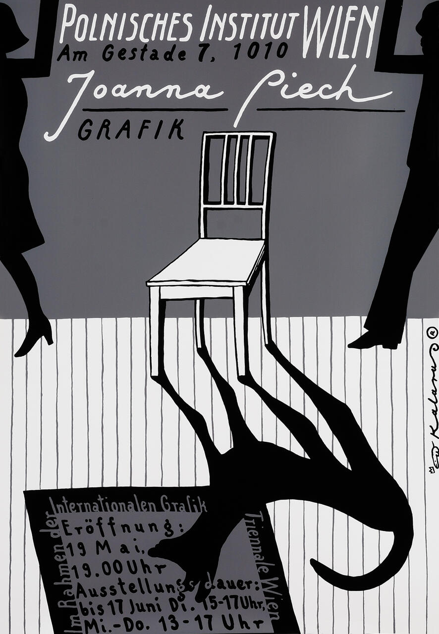 A monochrome graphic poster featuring a chair with a dragon shadow on striped flooring, silhouettes of two figures at the sides, and stylized text at the top and bottom.