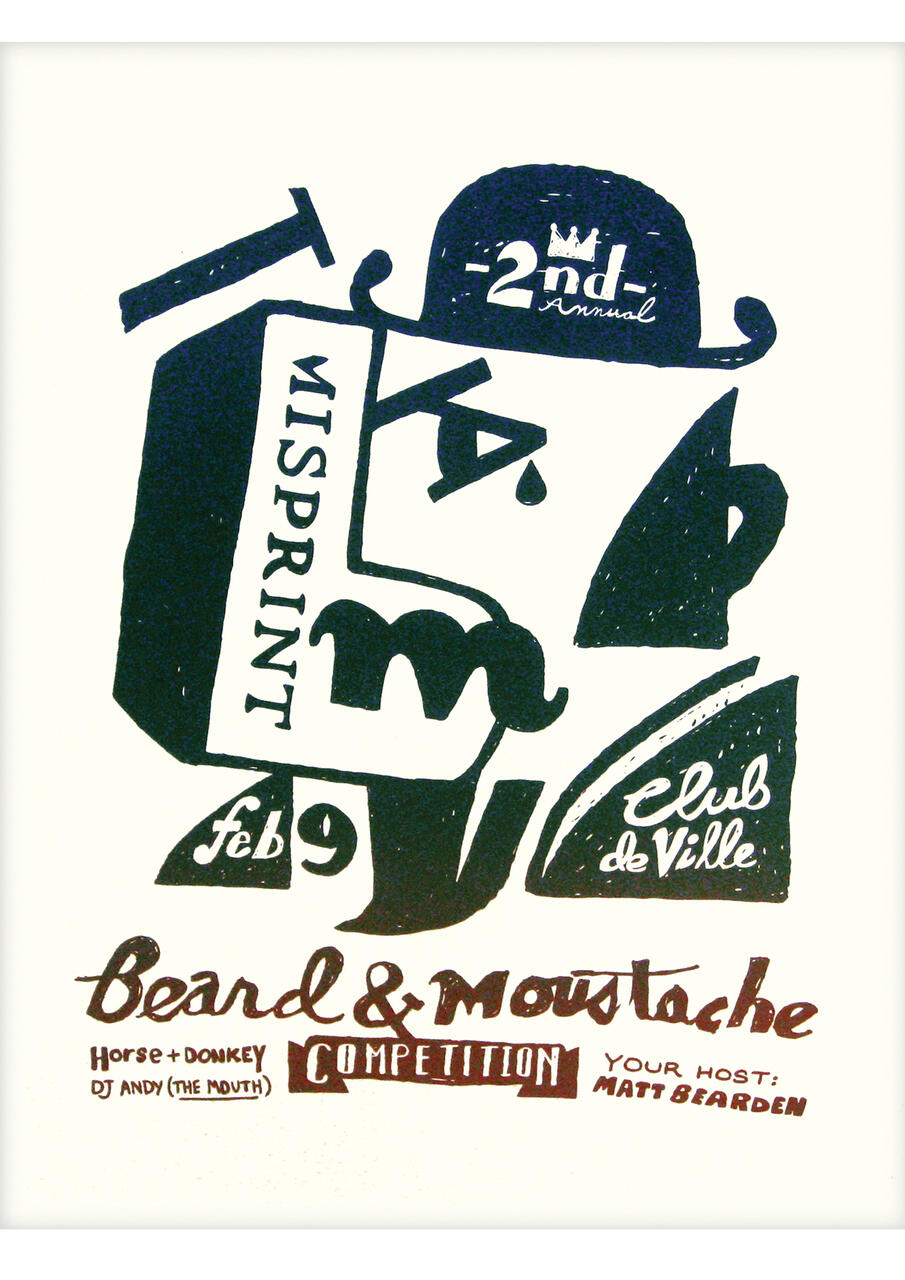 Abstract graphic design with text elements including "2nd Annual," "Beard & Moustache Competition," and "Feb 9." Features bold shapes in black and white, suggesting a stylized profile wearing a hat with a curly brim.