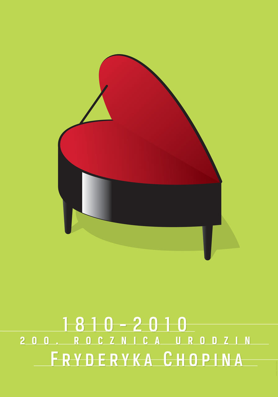 Illustration of a grand piano with a red interior on a lime green background. Text below marks Chopin's 200th birth anniversary.