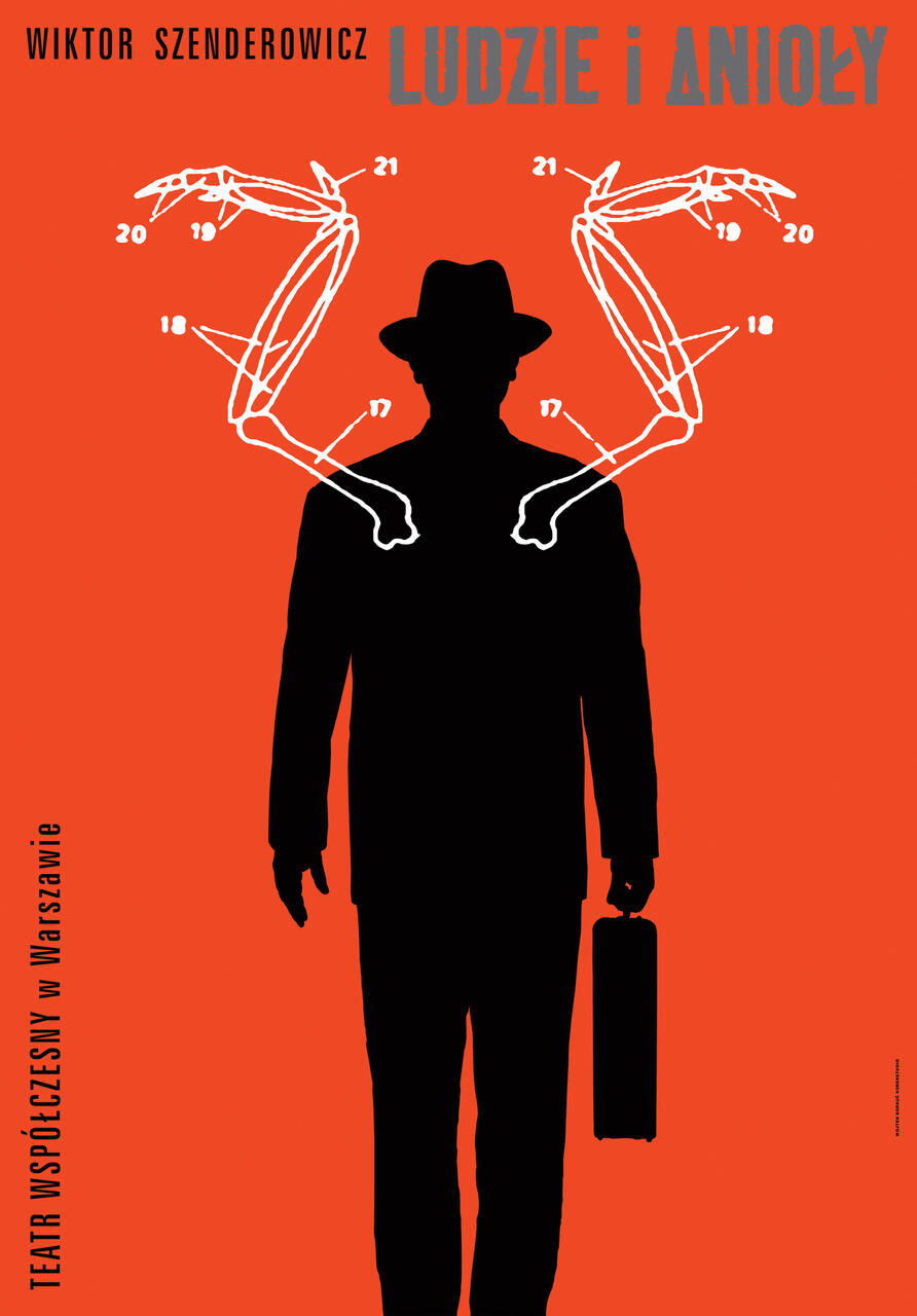 Silhouette of a man in a hat holding a briefcase, with white skeletal diagrams labeled with numbers, set against an orange background.