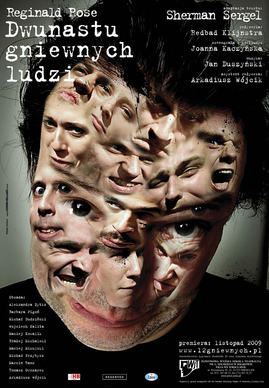 Surreal theatrical poster with multiple men's faces blended together, each showing various angry expressions. Text overlays feature names and details in Polish. Dark background enhances the intense, dramatic theme.