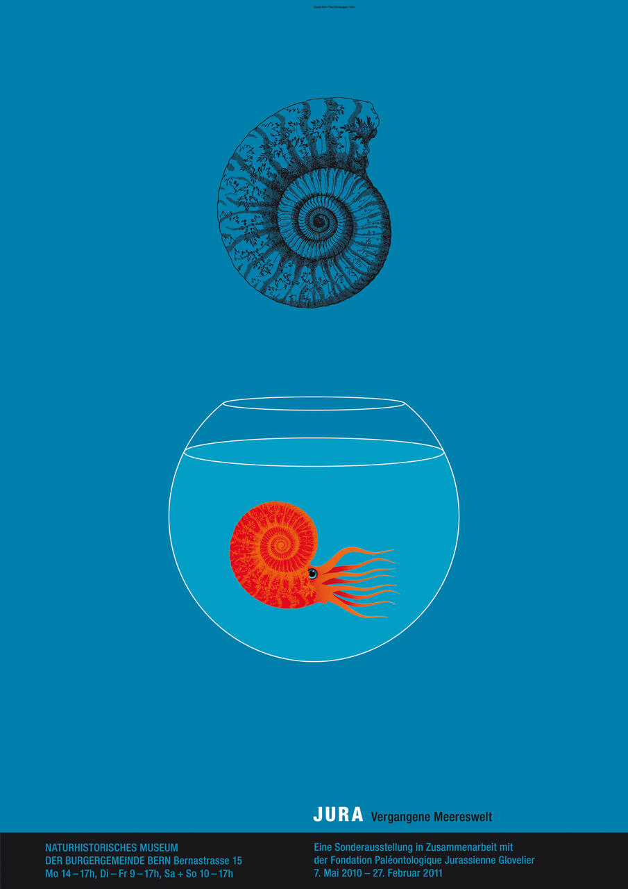 A blue background features an ammonite fossil above a fishbowl containing a red and orange nautilus with tentacles.