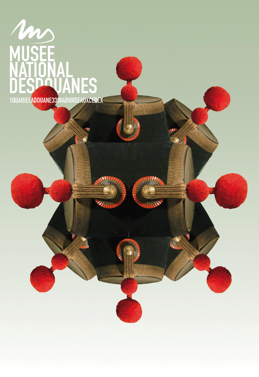 A museum promotional image featuring a symmetrical arrangement of vintage drummers' hats with red pom-poms and decorative gold bands against a pale green background.