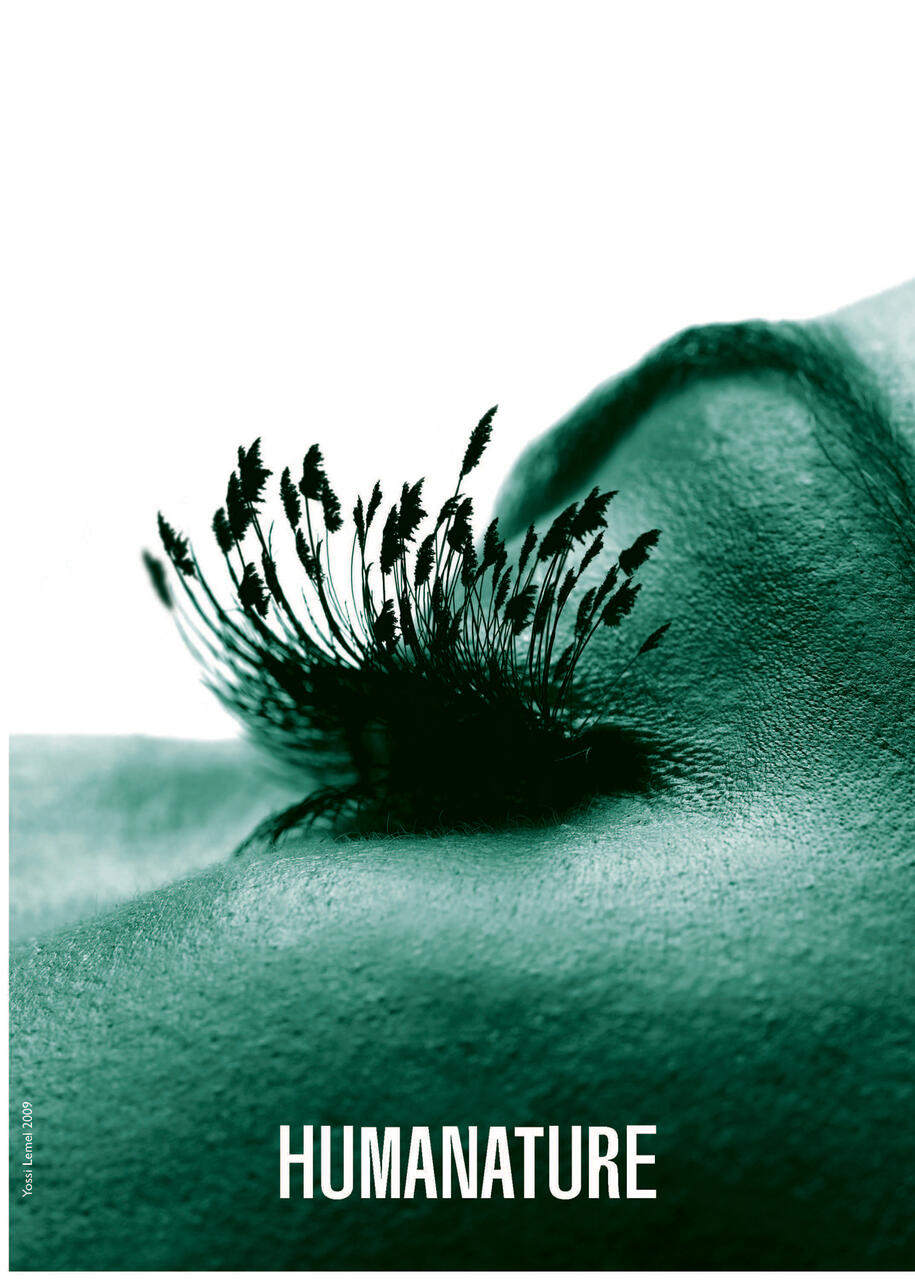 Close-up of a green-toned eyelid with eyelashes depicted as tall grass silhouettes, evoking a connection between humans and nature. The word "HUMANATURE" appears in bold at the bottom.