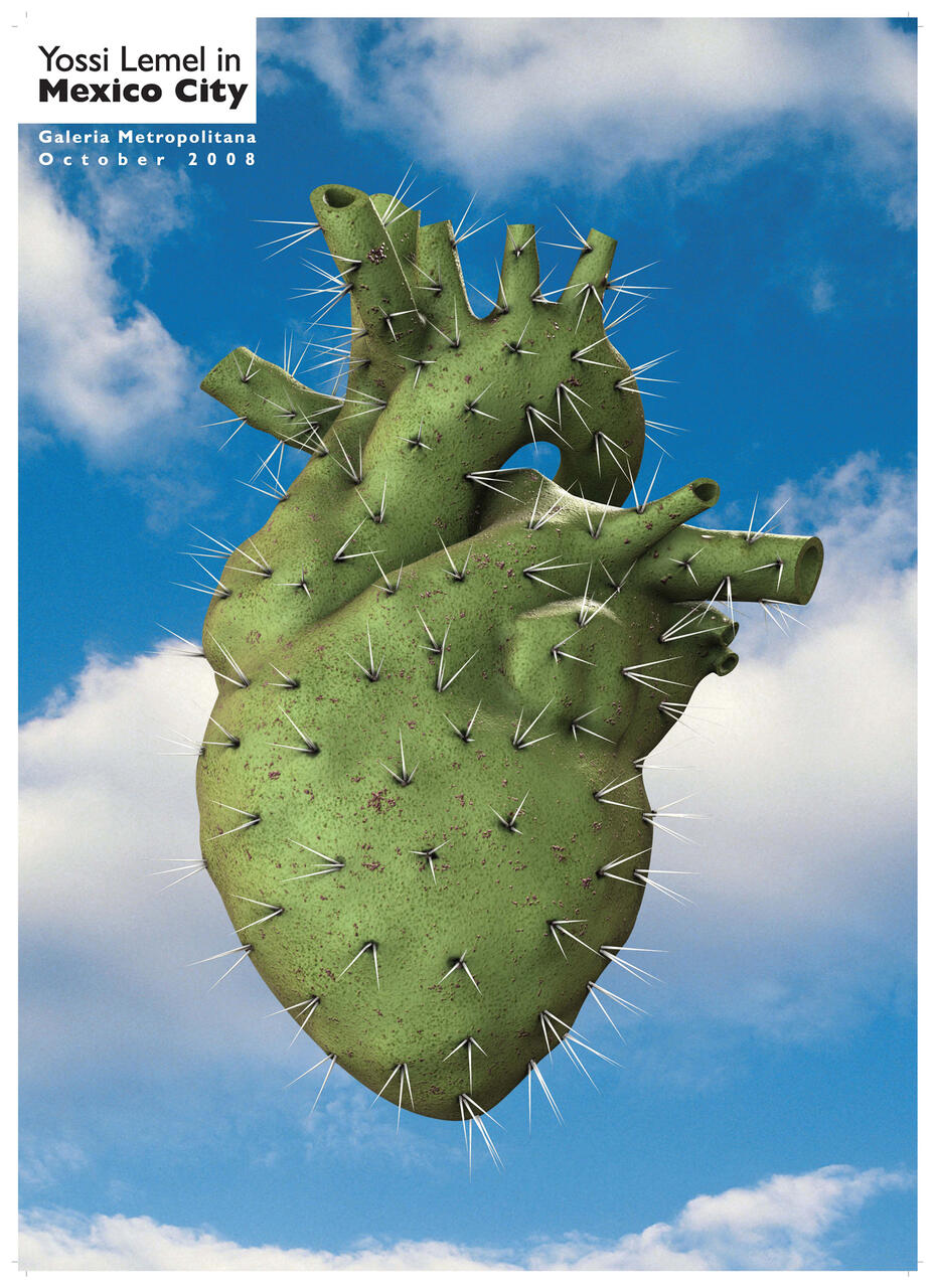 A green cactus shaped like a human heart with spikes protruding from it, set against a blue sky with fluffy white clouds.