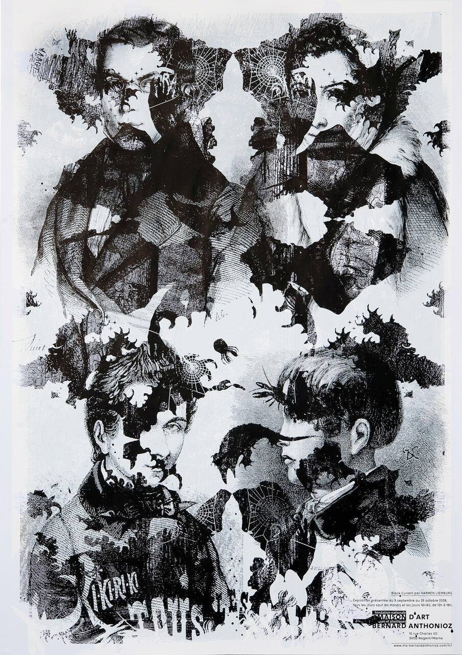 Black and white abstract artwork featuring four figures with fragmented, distorted faces. The image includes intricate patterns resembling cobwebs overlaying the figures, creating a textured, layered effect.