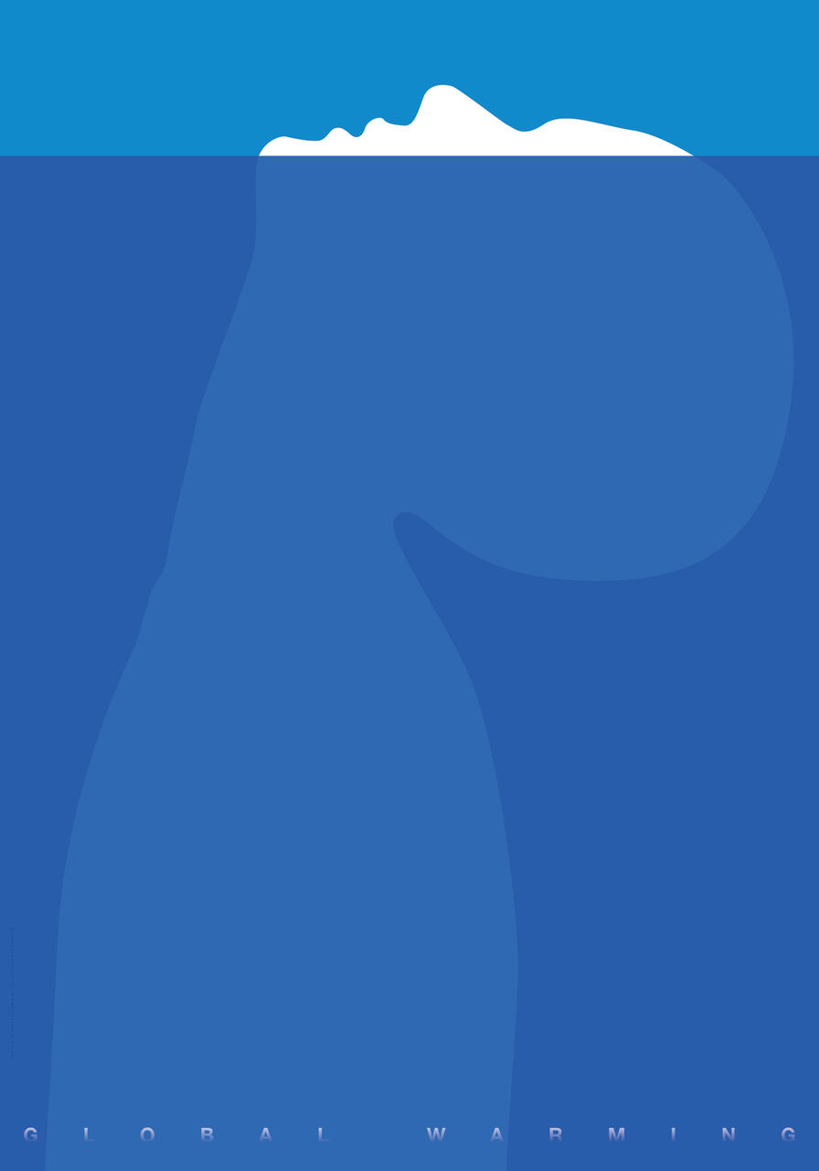 Silhouette of a person partially submerged in water, with the face tilted upwards against a blue background. The words "Global Warming" appear at the bottom.