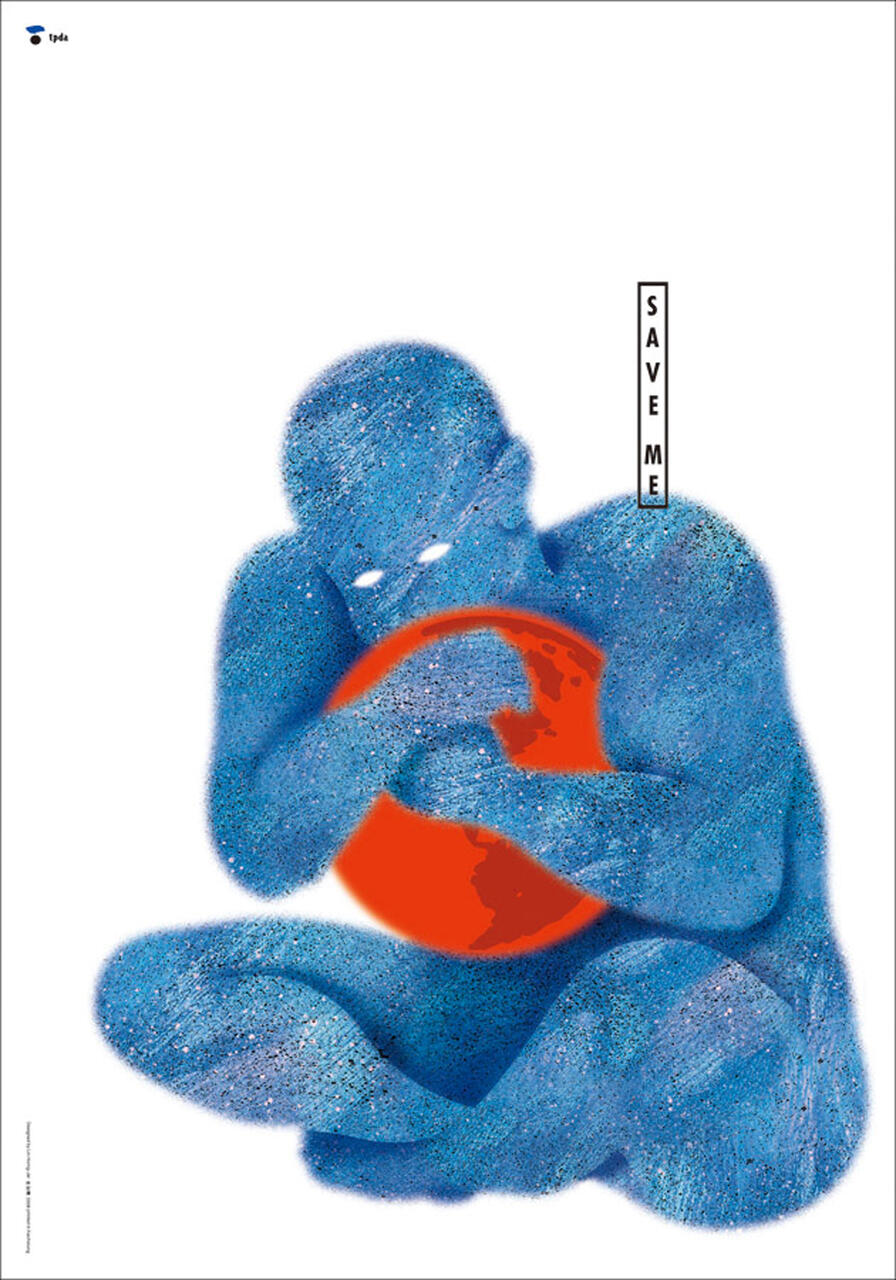 Blue silhouette of a figure holding a red Earth, with the text "Save Me" on the side.