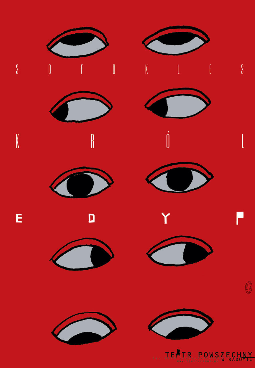 Stylized graphic of ten eyes arranged in a grid on a red background. White letters are placed between the eyes. The overall design is minimalist and bold.