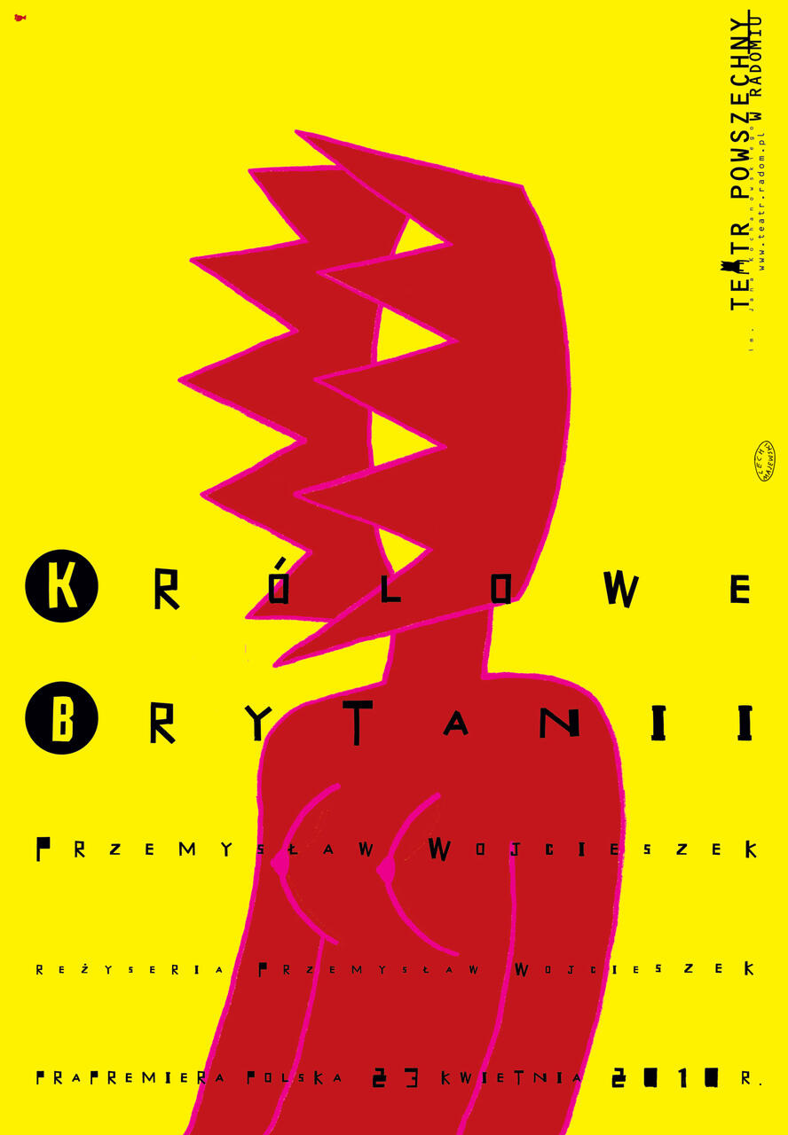 Yellow background with a stylized red angular figure resembling a zigzagged silhouette. Black text elements are arranged around the shape.