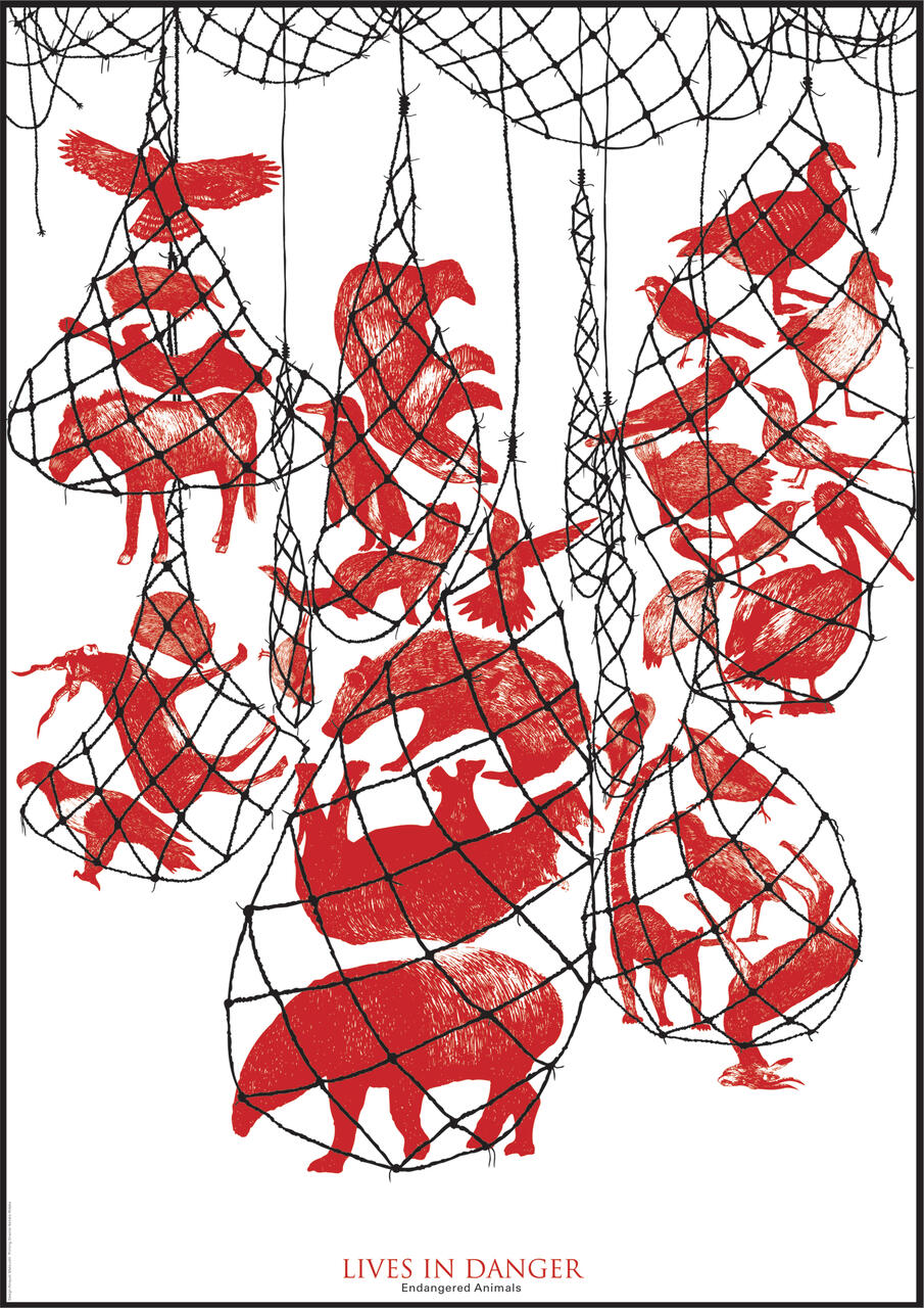Red silhouettes of various animals trapped in black nets, symbolizing endangered species.