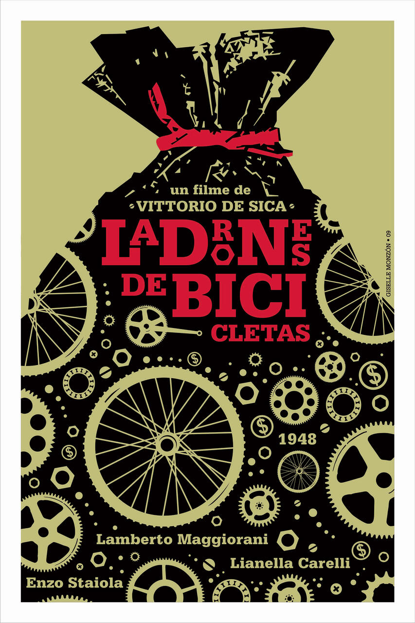 Bag illustration made of bicycle gears and wheels, styled as a movie poster with the title "Ladrones de Bicicletas" in bold red text, and details like "1948" and cast names against a beige background.