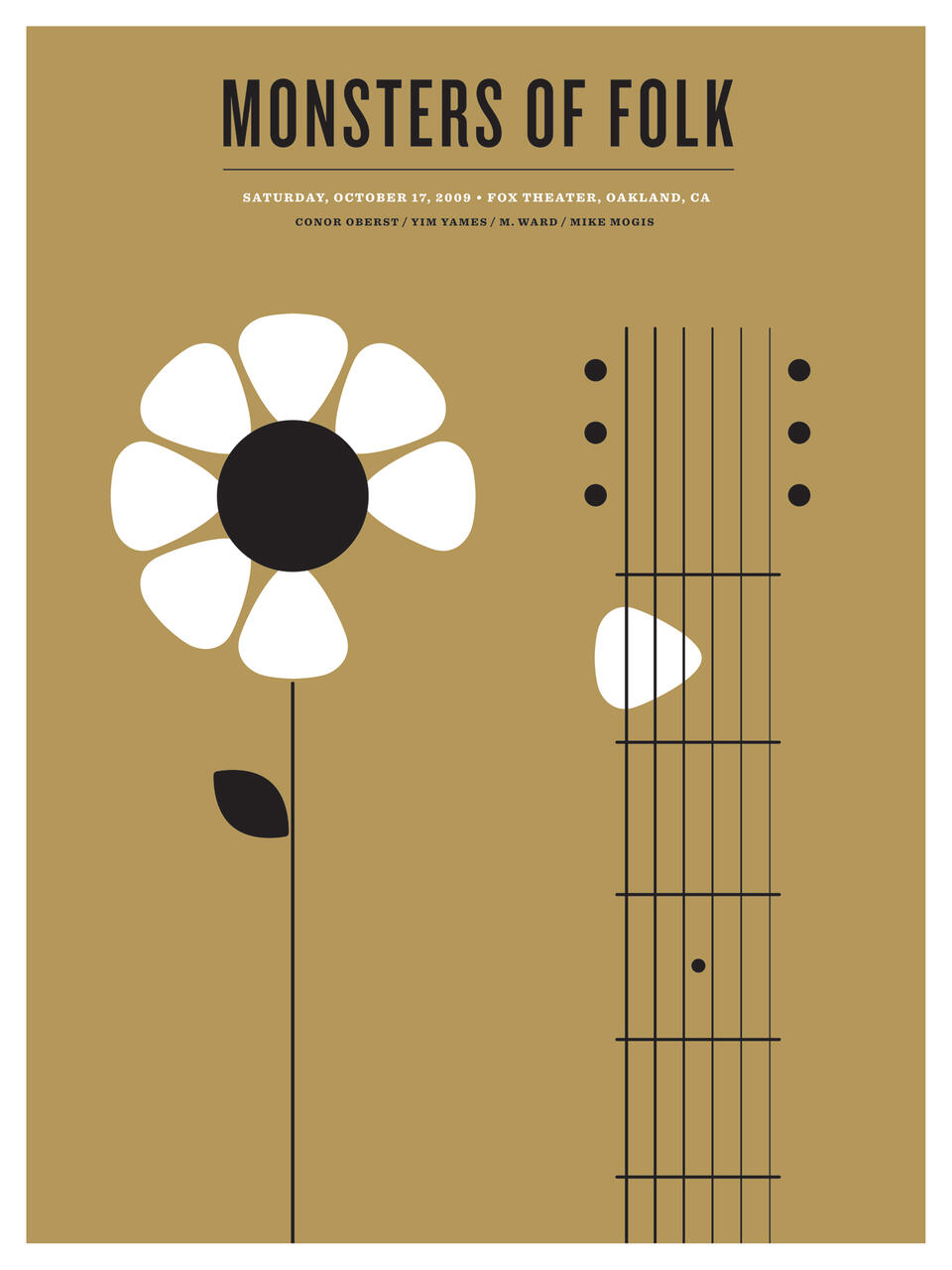 Poster displaying a stylized white flower and guitar with strings on a brown background, featuring text details about a Monsters of Folk concert in Oakland.