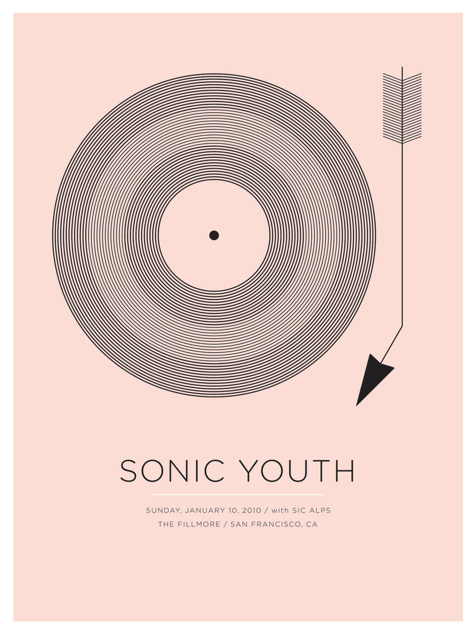 Concert poster featuring a stylized black vinyl record and arrow on a pale pink background for Sonic Youth.