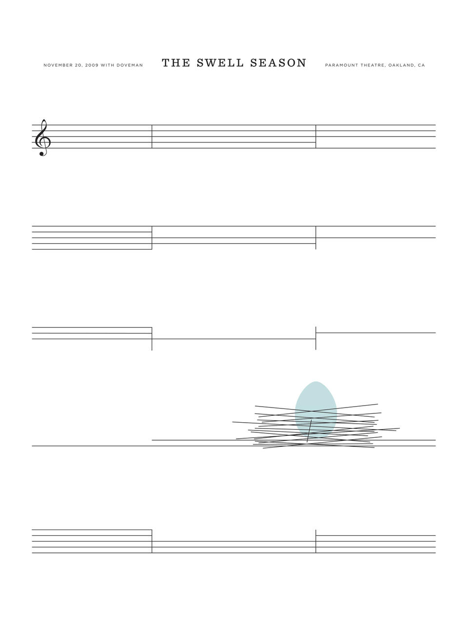 Sheet music with a clef and scattered musical lines, featuring a sketch of a bird's nest with a blue egg.