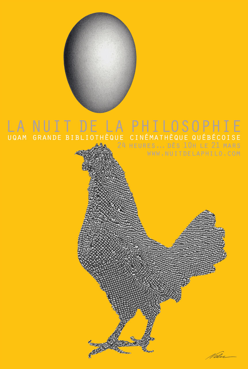 Gray, textured rooster and egg on a bright yellow background with text in French.