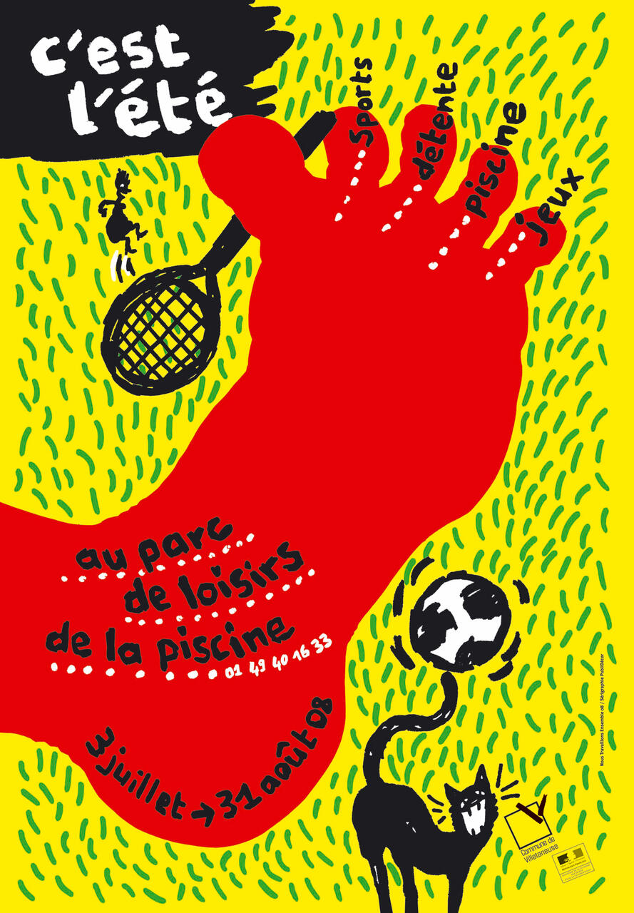 Colorful poster with a red silhouette of a foot, tennis racket, and soccer ball. French text promotes summer activities like sports, relaxation, and games. A black cat plays with a ball. Background features green grass-like patterns on yellow.