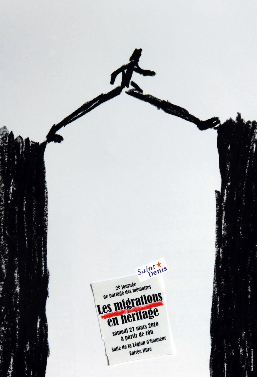 A silhouette of a person jumps between two black structures. A white paper with French text is attached near the bottom.