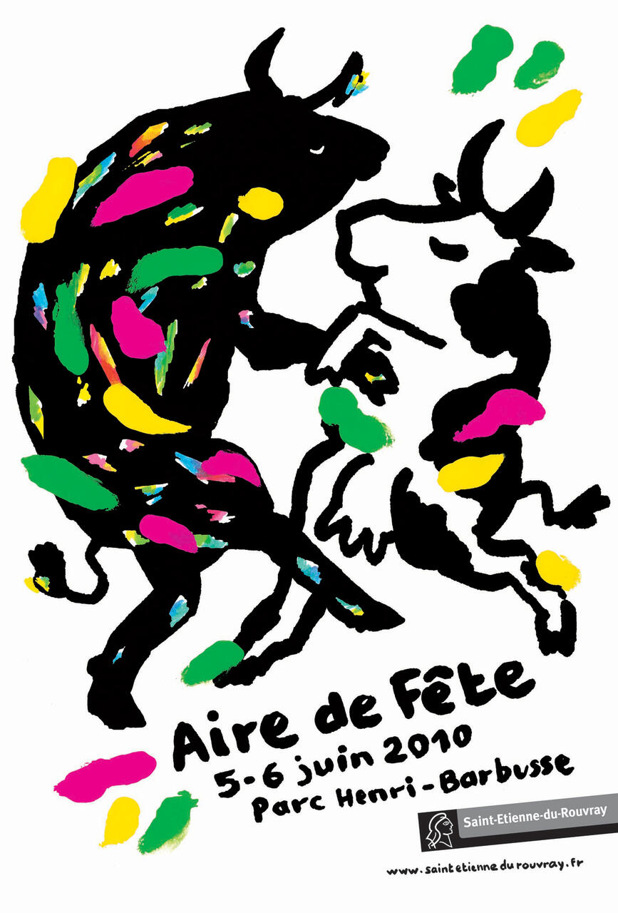Two abstract black animals, a cow and a bull, covered in colorful paint splashes. The cow stands on its hind legs, playfully interacting with the bull. The background is white, with event text and a small logo at the bottom.