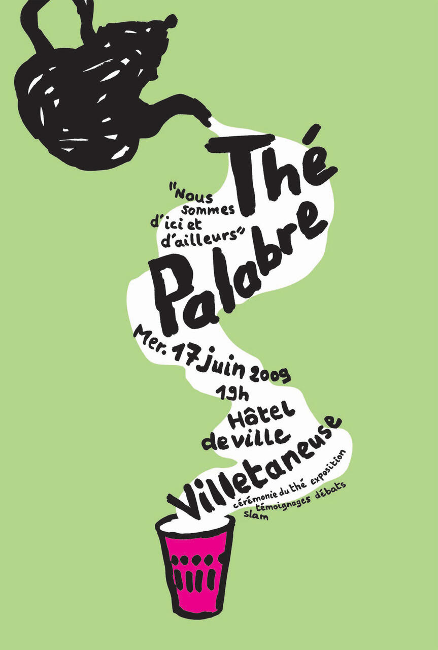 Black teapot pouring smoke shaped as event details, set against a light green background. A pink teacup catches the smoke at the bottom.