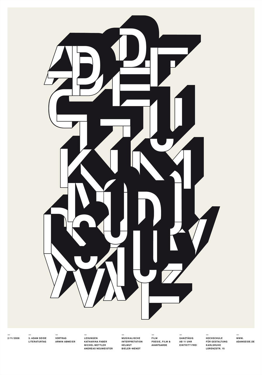 Abstract graphic with overlapping black and white letters forming a complex, geometric pattern on a light beige background.