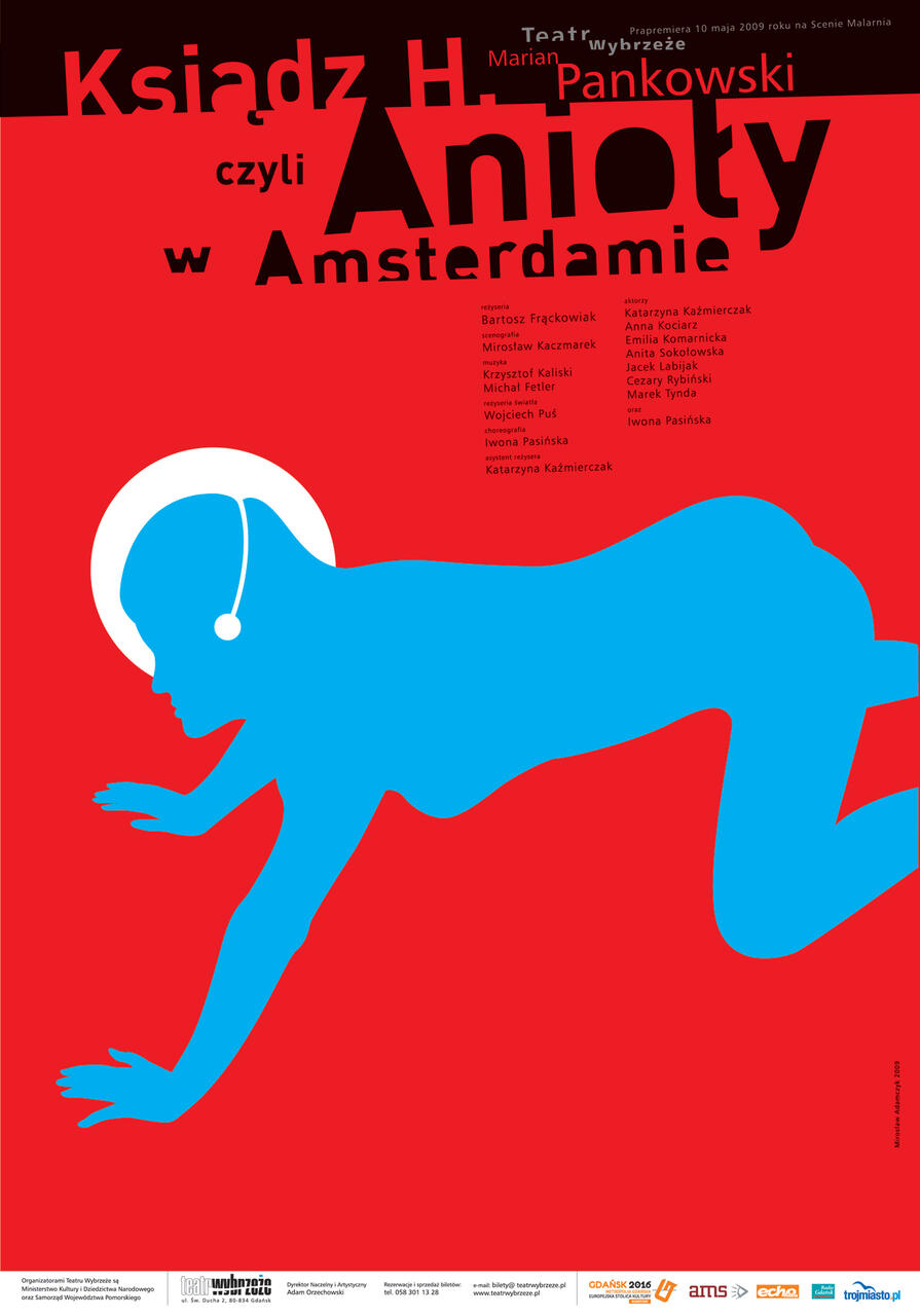 A stylized graphic of a blue figure on hands and knees against a red background, wearing headphones. Bold black and red text at the top and right side.