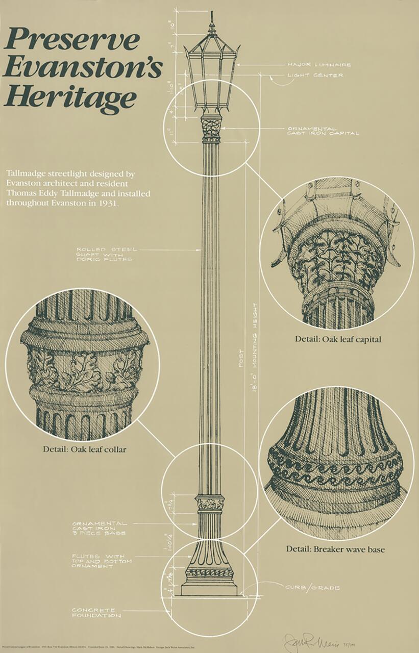 Architectural illustration of an ornate streetlight designed by Thomas Eddy Tallmadge in 1931, featuring details of the oak leaf capital and collar, and breaker wave base. Includes dimensions and construction notes on a beige background, titled "Preserve Evanston’s Heritage."