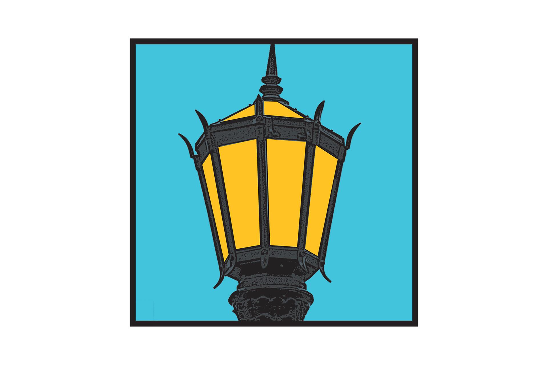 Stylized graphic of a street lamp with a black frame and glowing yellow panels, set against a bright blue background.