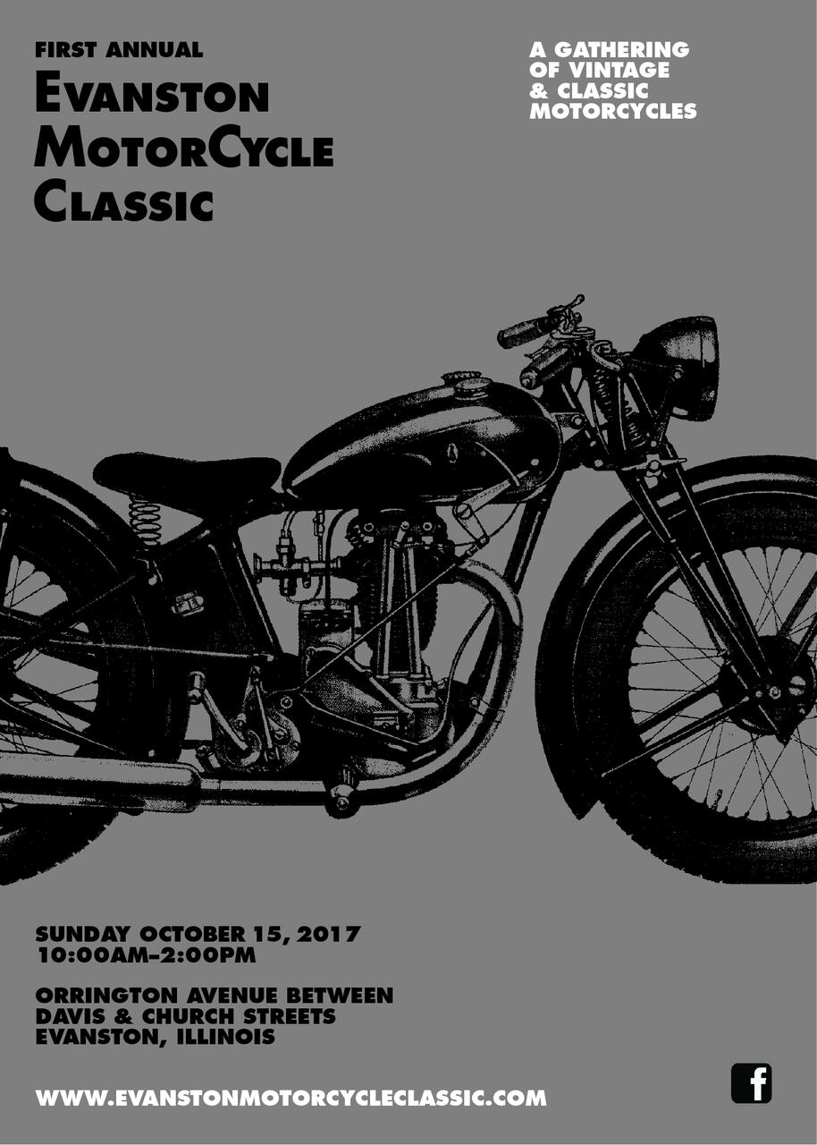 Black and white graphic of a vintage motorcycle facing right, promoting the First Annual Evanston Motorcycle Classic. Event details include date, time, and location in Evanston, Illinois. Bold text with a vintage style.