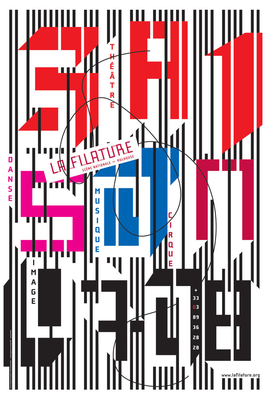 Graphic poster with bold geometric text in red, blue, pink, and black, intersected by thick black lines. Includes words related to arts like "Théâtre," "Musique," and "Cirque" vertically. Features a prominent La Filature logo.
