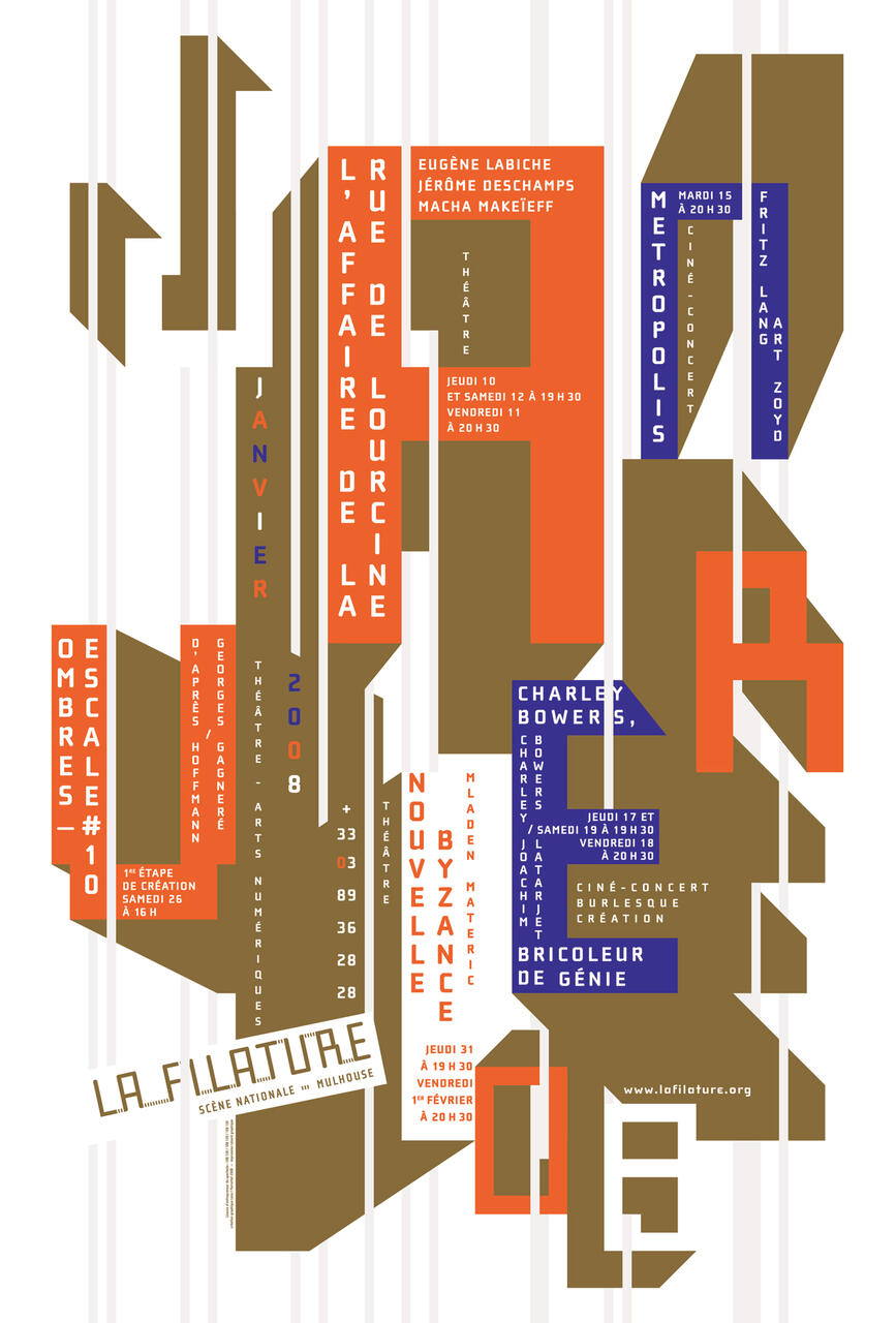 Event poster with geometric shapes and text listing performance dates for various theater and film shows at La Filature in January 2008. The design uses brown, orange, blue, and white colors.