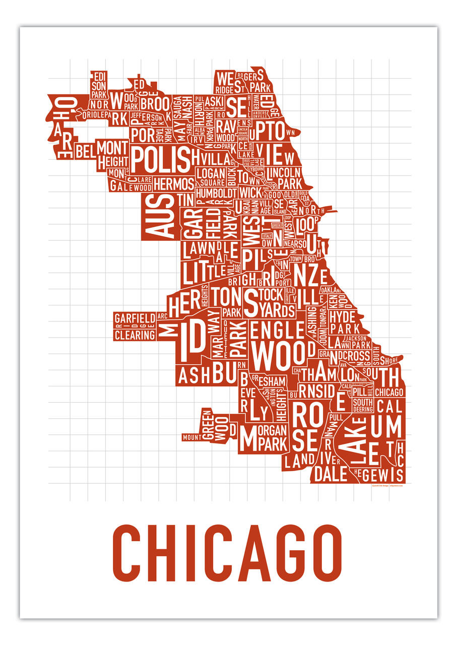 Chicago neighborhoods map represented by orange text in various sizes forming the city's shape.