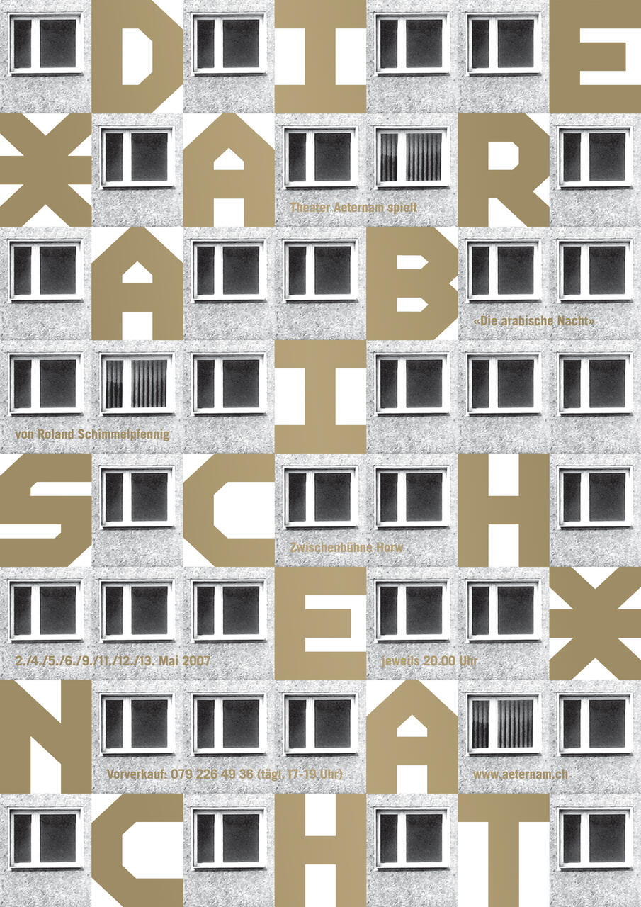 Collage of repetitive square windows on a grey concrete wall, interspersed with large stylized brown letters and numbers.