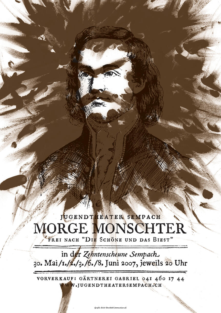 Artistic rendering of a historical figure in sepia tones with bold, dark strokes radiating from the center. Text overlay at the bottom announces a theatrical event with dates and venue details.