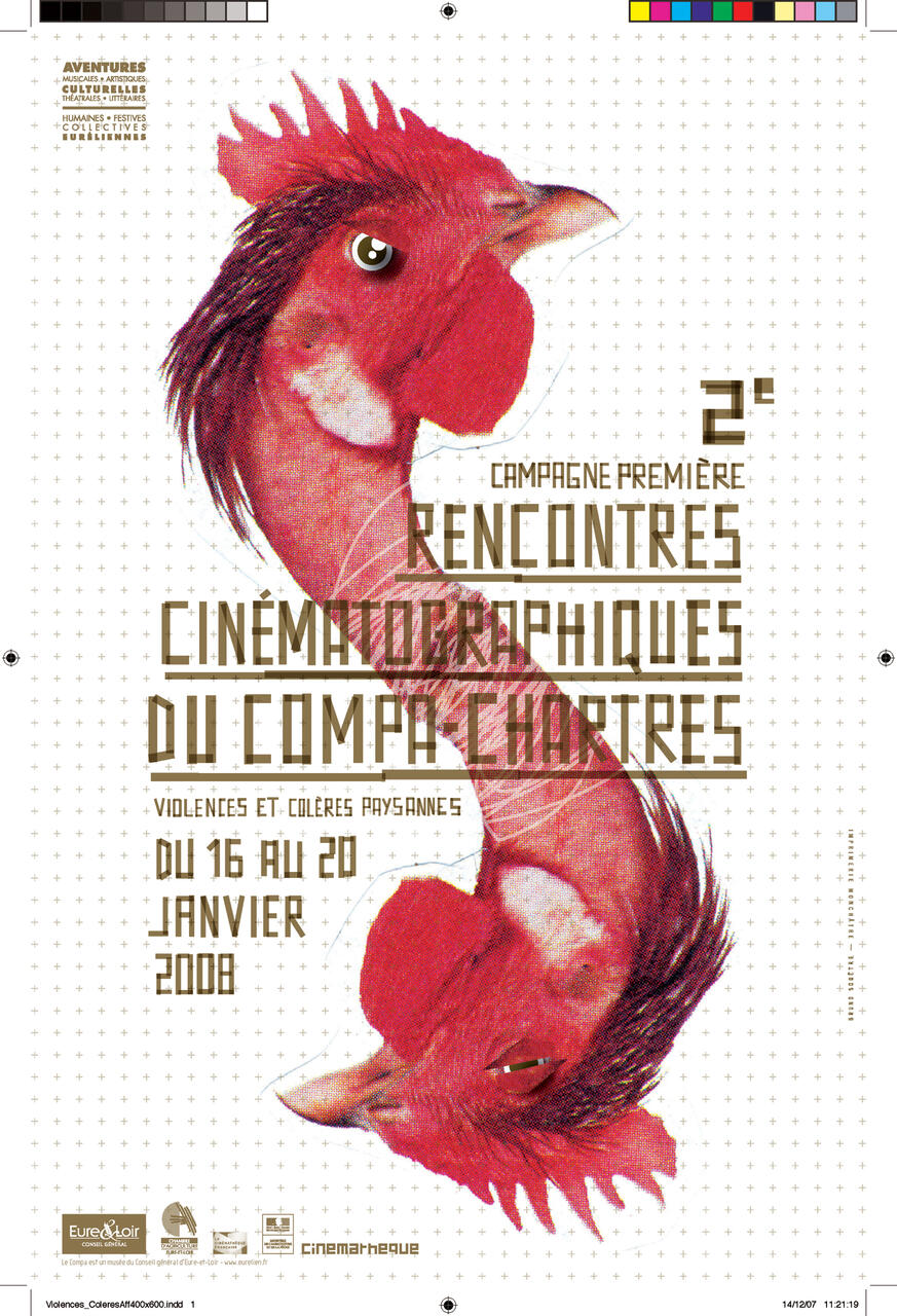 Two stylized red roosters facing opposite directions on a grid background. Bold lettering in French covers part of the image, with event information detailing a cinematic meeting in Chartres. Vintage-style graphic design with warm colors.