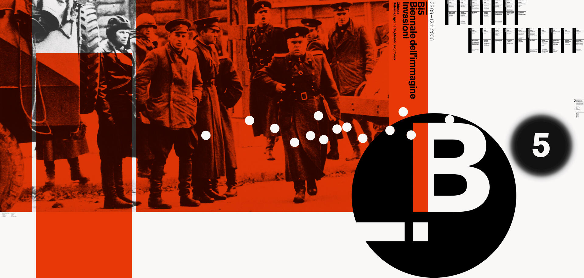Vintage-inspired graphic features soldiers in coats and hats with geometric overlays in red and white. A large black circle with a bold "B" and a white "5" in the corner provides a modern contrast.