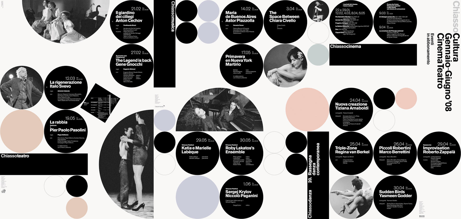 Abstract event poster with circular photo cutouts and text detailing various cultural events including theater, music, and cinema. The design features black, white, and pastel colors.