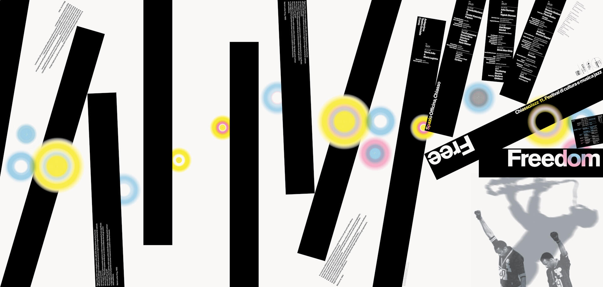 Abstract graphic design with black rectangles, colorful concentric circles, and text elements. A monochrome photo of two people raising their fists is in the bottom right corner. The word "Freedom" is prominently featured.