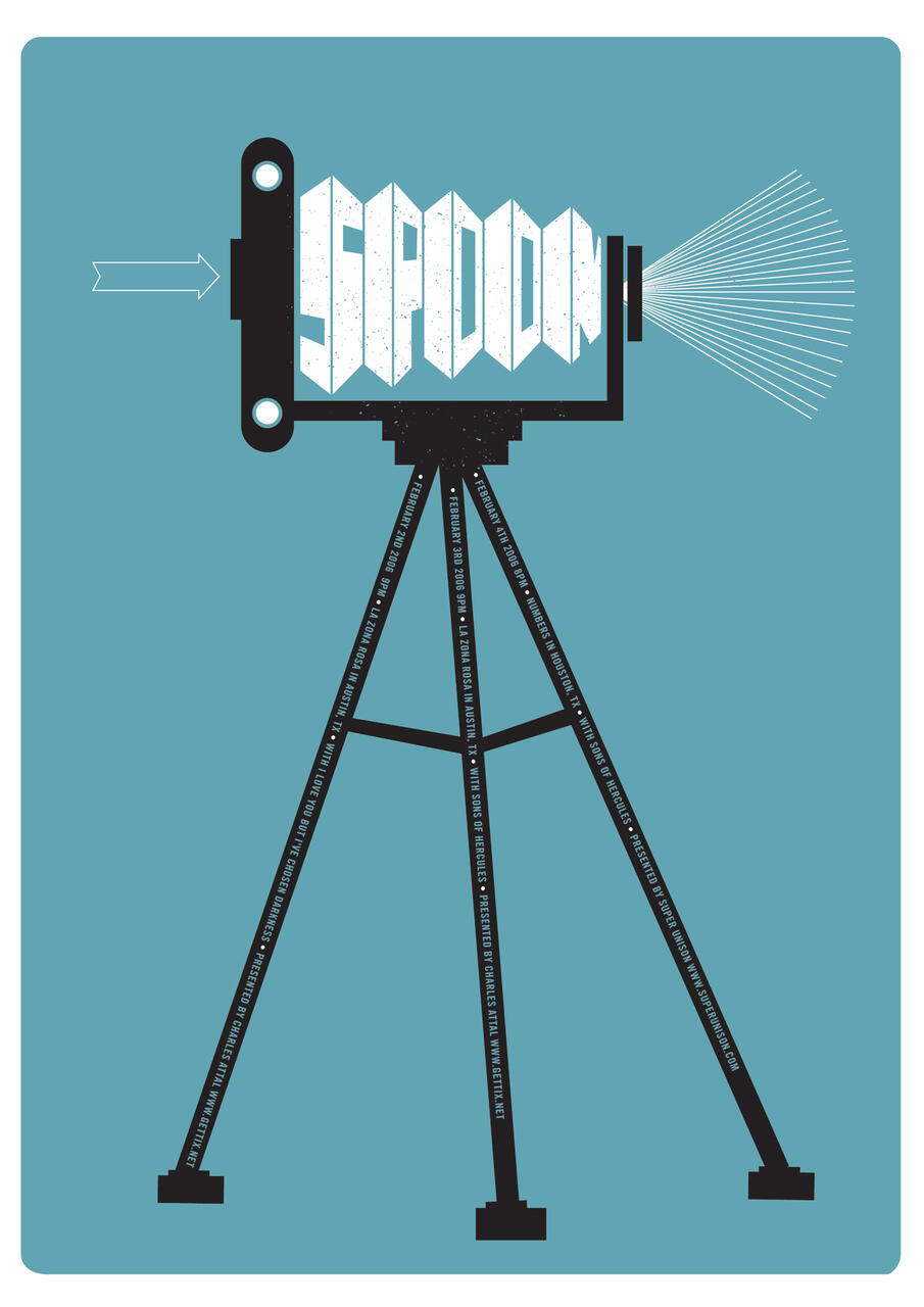 Vintage camera graphic with an accordion-style lens labeled "Spoon," set on a black tripod against a teal background.
