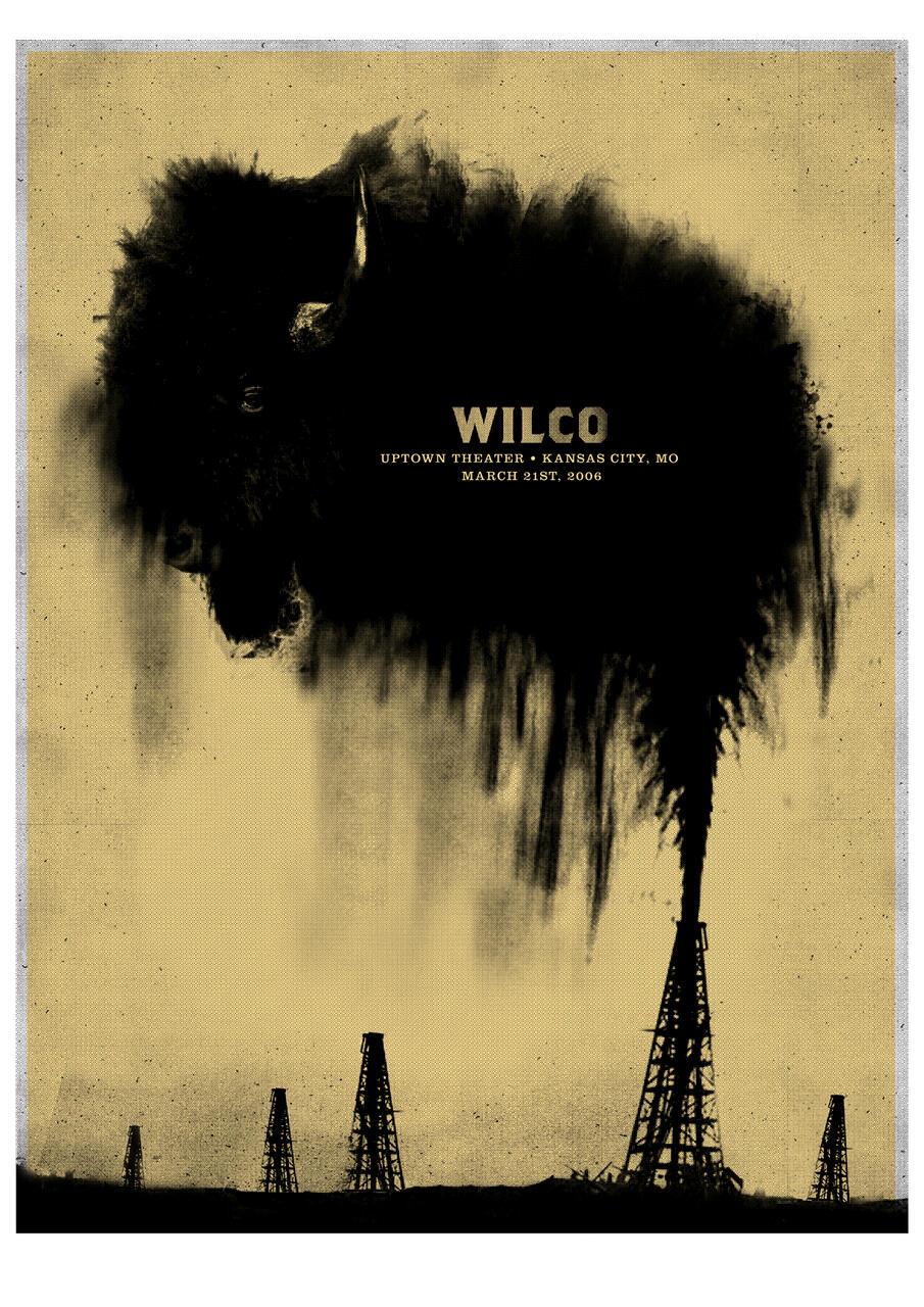 A stylized graphic poster featuring a black silhouette of a bison blending into a plume of smoke above oil rigs on a textured beige background.