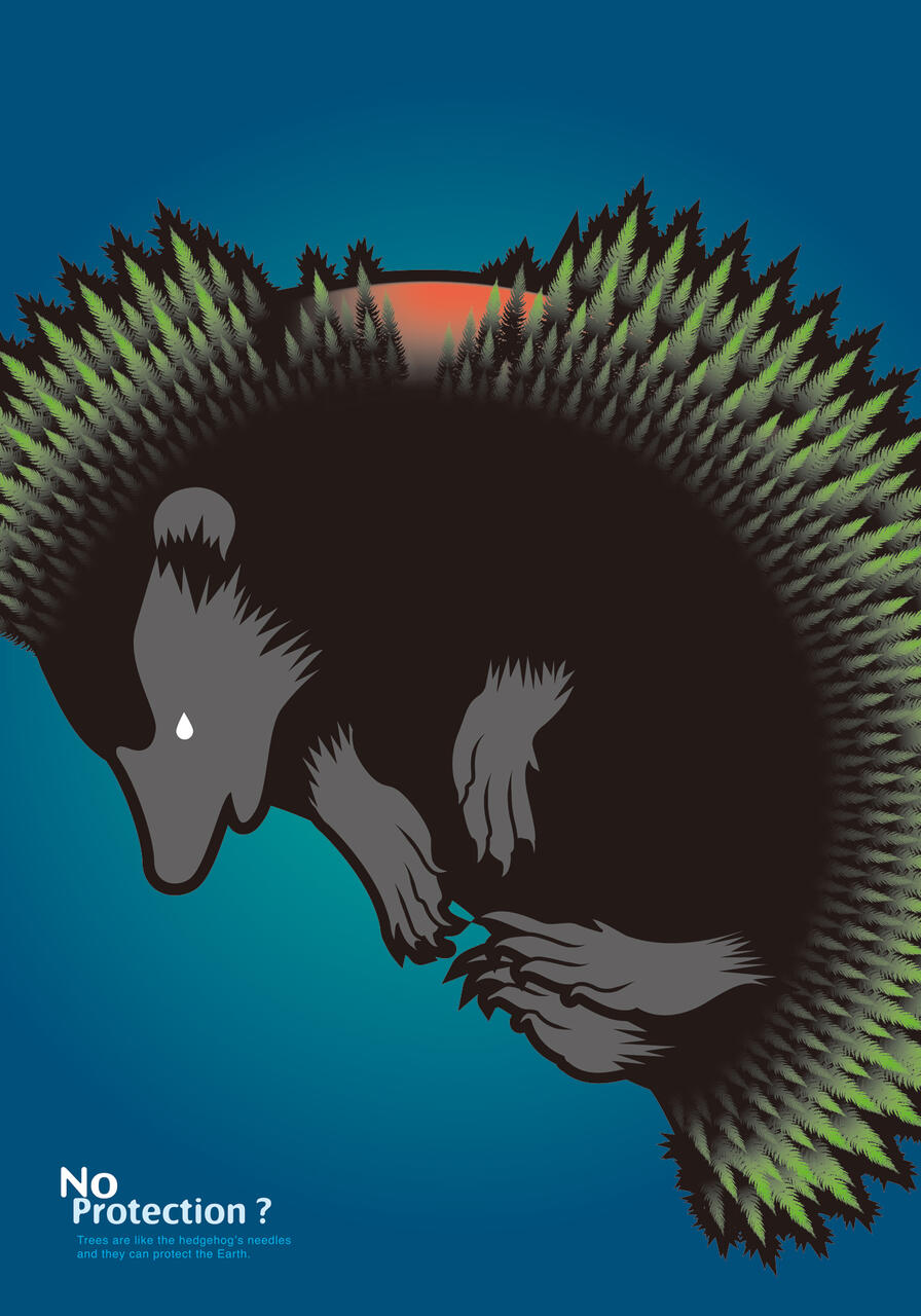Hedgehog with tree spikes on a blue background, a tear on its face, emphasizing environmental protection.