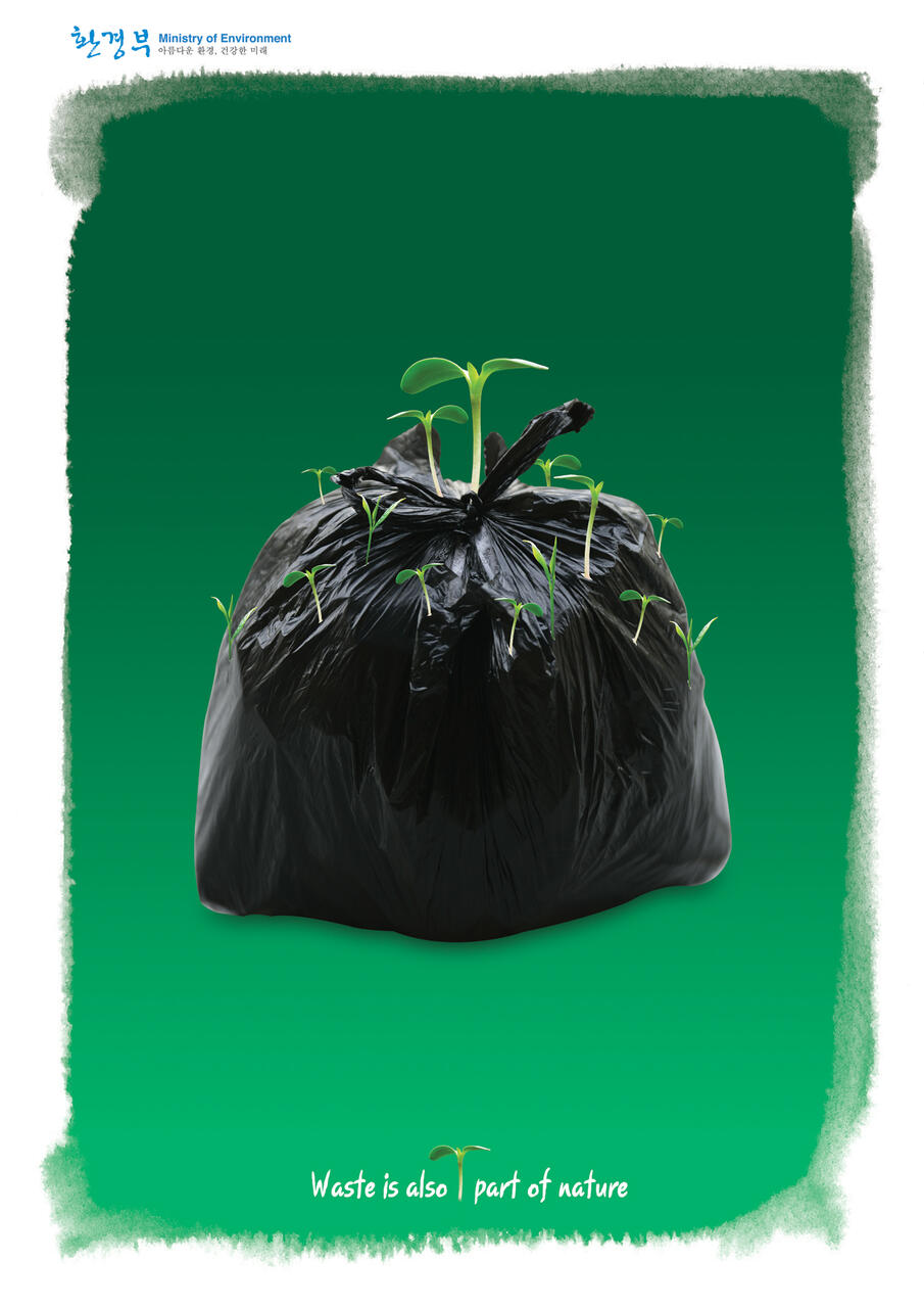 A black garbage bag with green sprouts emerging from it against a green background, symbolizing nature reclaiming waste.