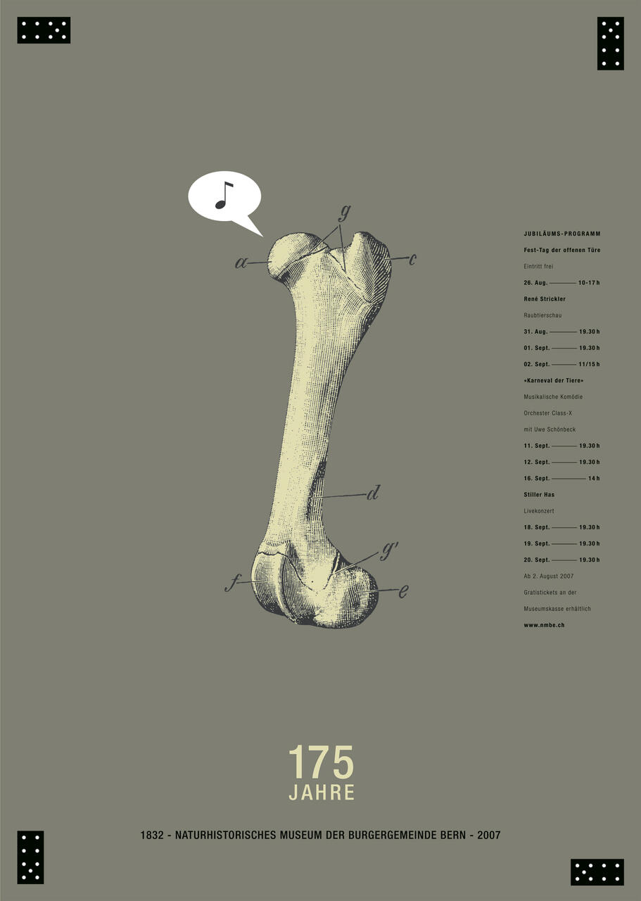 An illustration of a large bone labeled with letters and a speech bubble containing a musical note. The background is gray with a decorative border. The text near the bottom reads "175 Jahre," indicating 175 years in German.