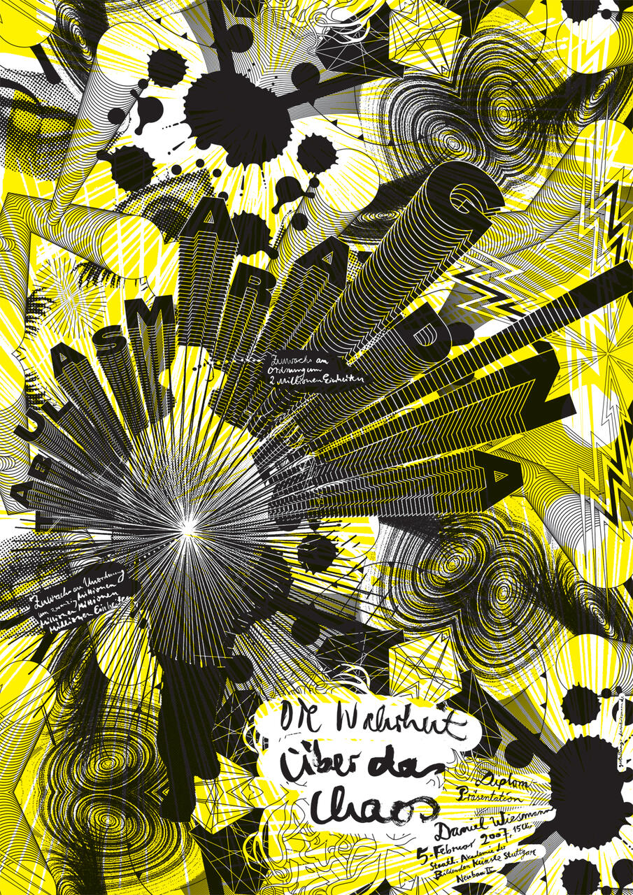Abstract graphic poster with black, white, and yellow swirls, splatters, and lines. Bold linear patterns and scattered letters create a chaotic, dynamic composition. Handwritten text blends into the design, enhancing the visual energy.