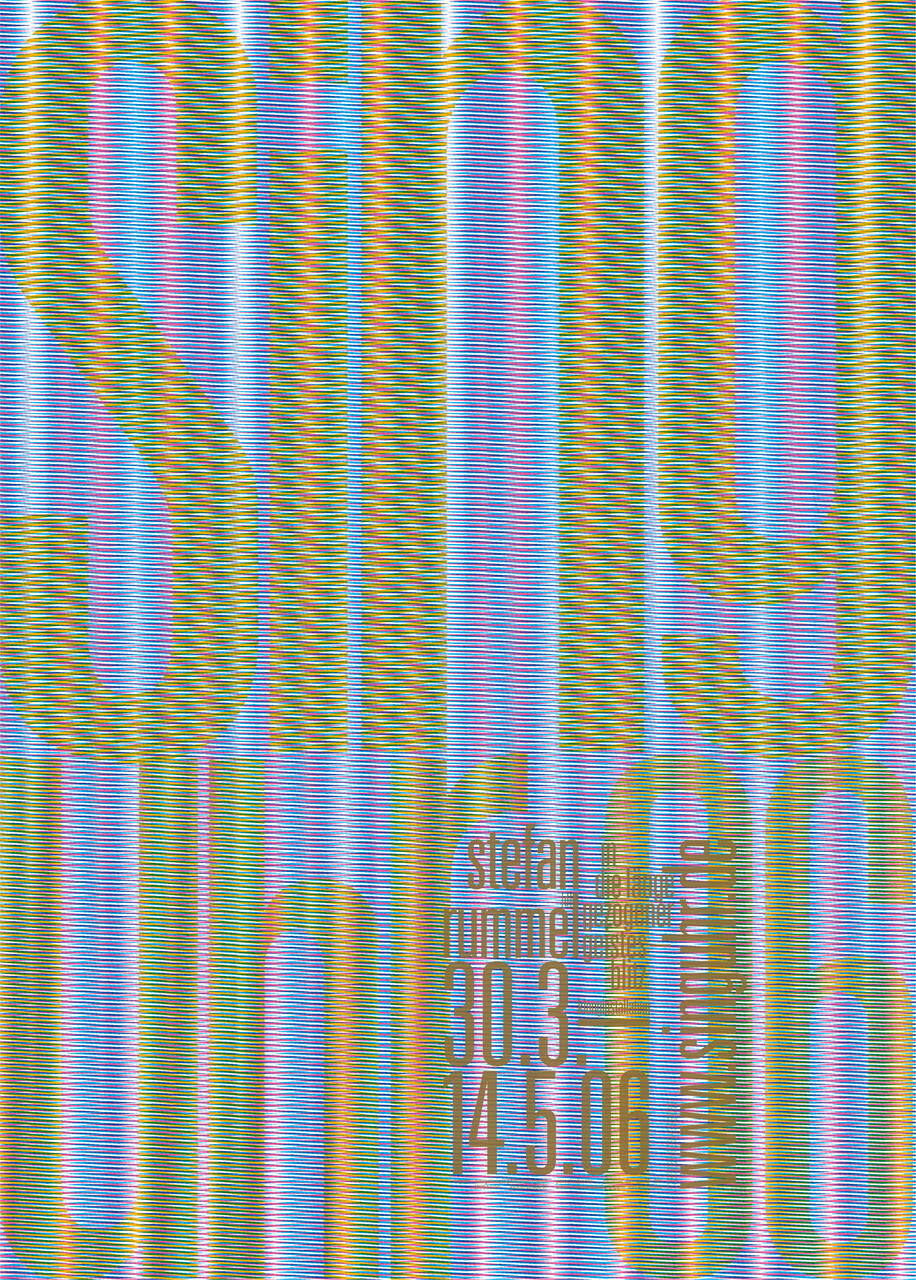 Colorful holographic text on a distorted rainbow-striped background, featuring large and small letters in varying orientations.