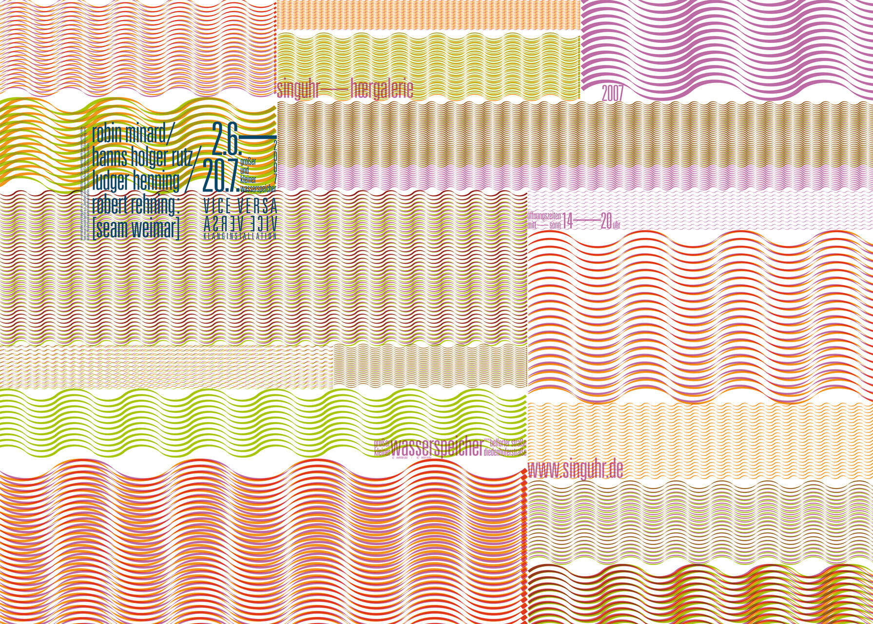 Colorful poster with wavy line patterns in shades of orange, pink, green, and beige, featuring abstract text and numbers in different sizes and orientations.