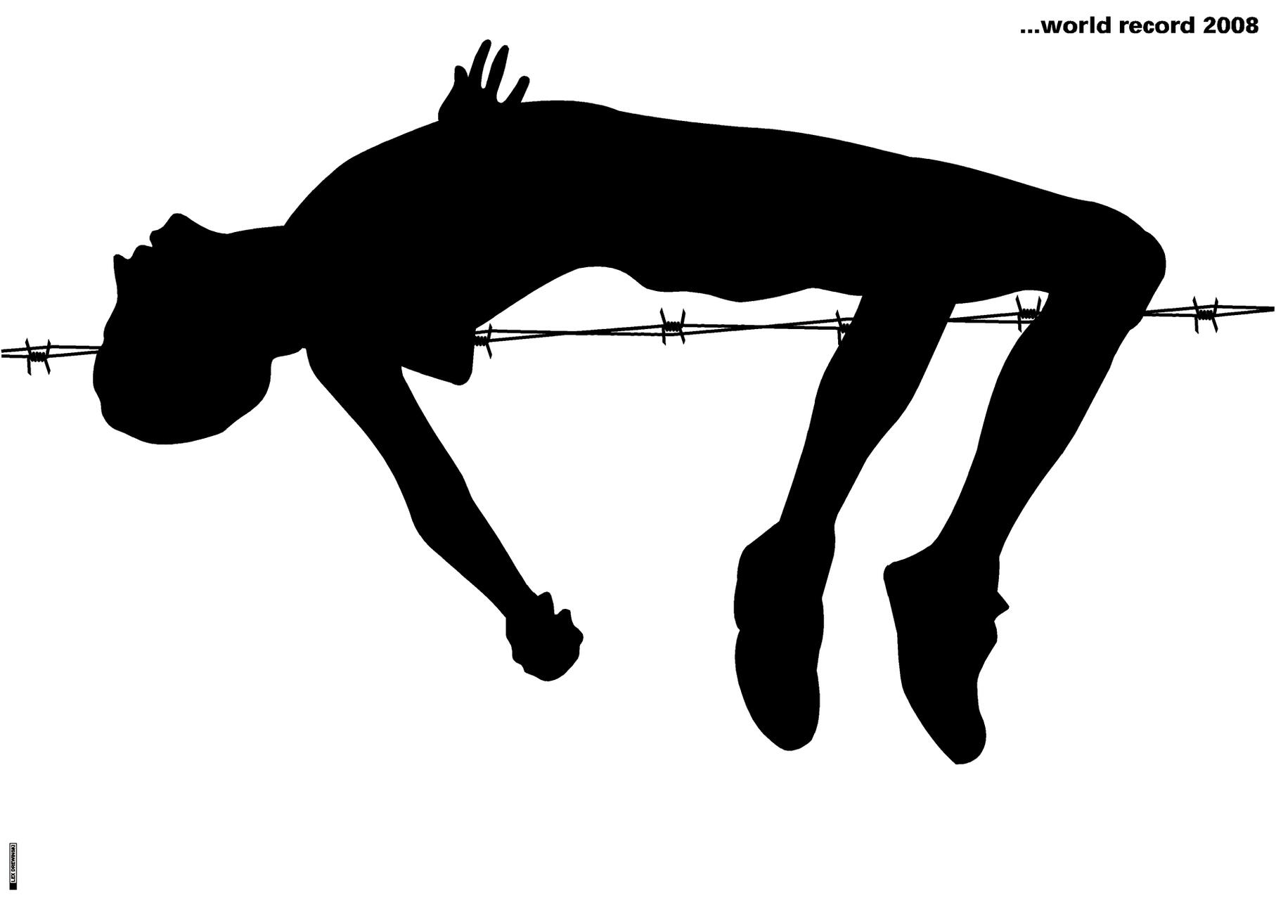 Silhouette of a person in mid-air over barbed wire, suggesting a high jump.