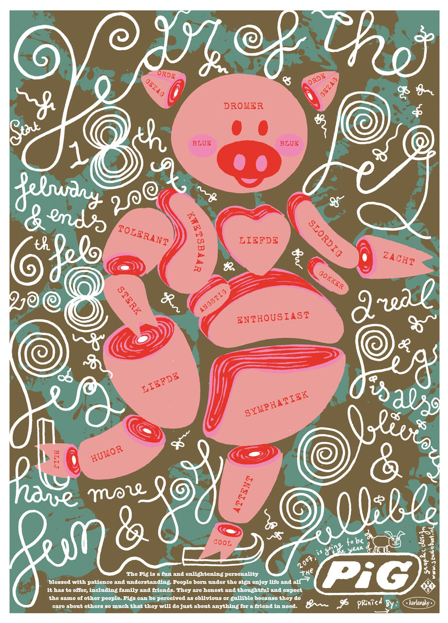 Whimsical illustration of a pig with body parts labeled in Dutch, surrounded by swirling text and decorative elements in white and pastel colors. The text describes positive personality traits and characteristics associated with a pig.