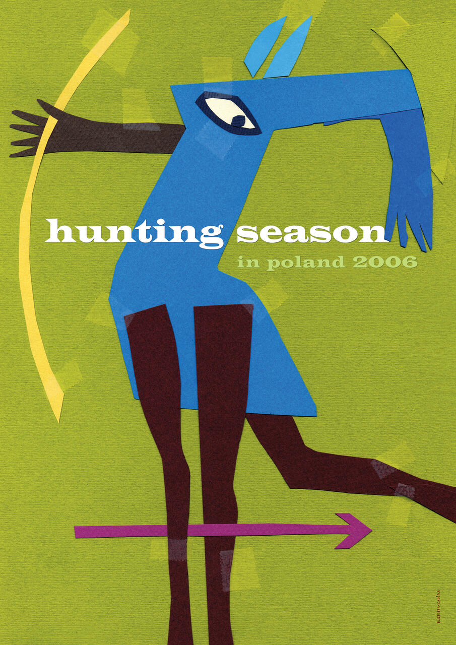 A stylized graphic of a blue figure resembling a horse holding a bow, with dark brown legs and a purple arrow. The background is green, with abstract shapes and tape effects.