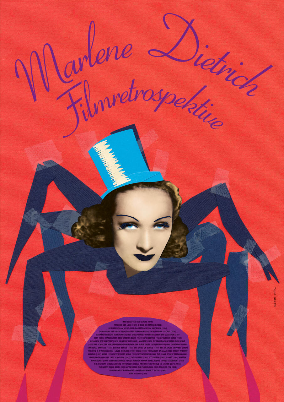 Surreal graphic of a woman’s face with makeup and a blue top hat, set against a red background. The face is surrounded by abstract dark blue shapes resembling spider legs. The text "Marlene Dietrich Filmretrospektive" is curved above her.